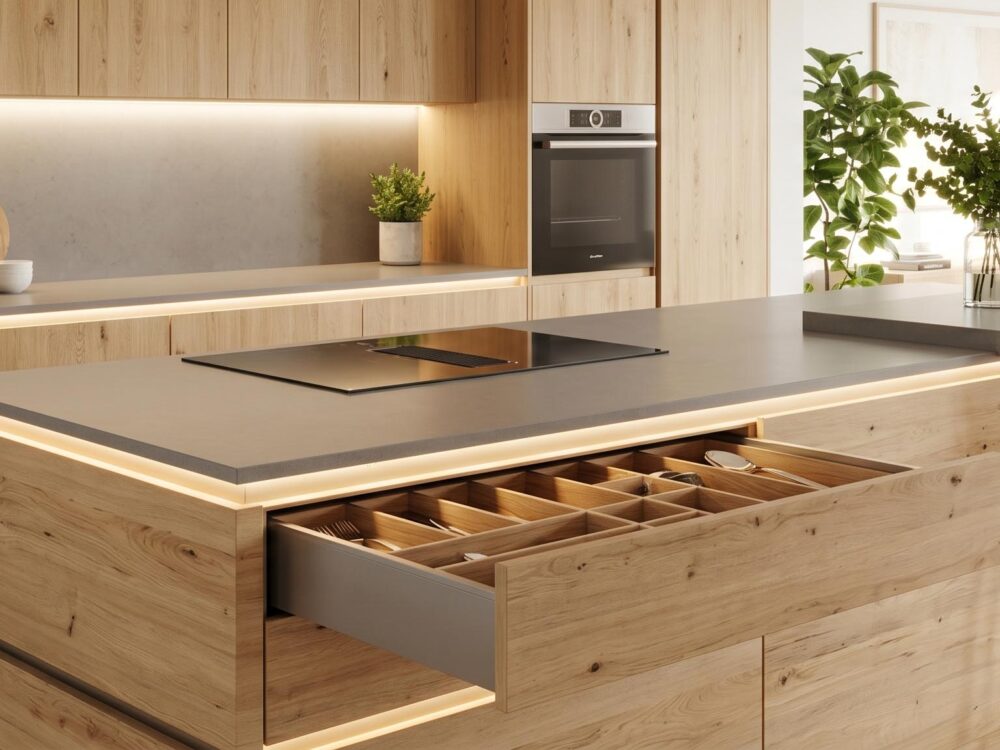 Amenagement cuisine moderne ouvert sur salon avec bar design