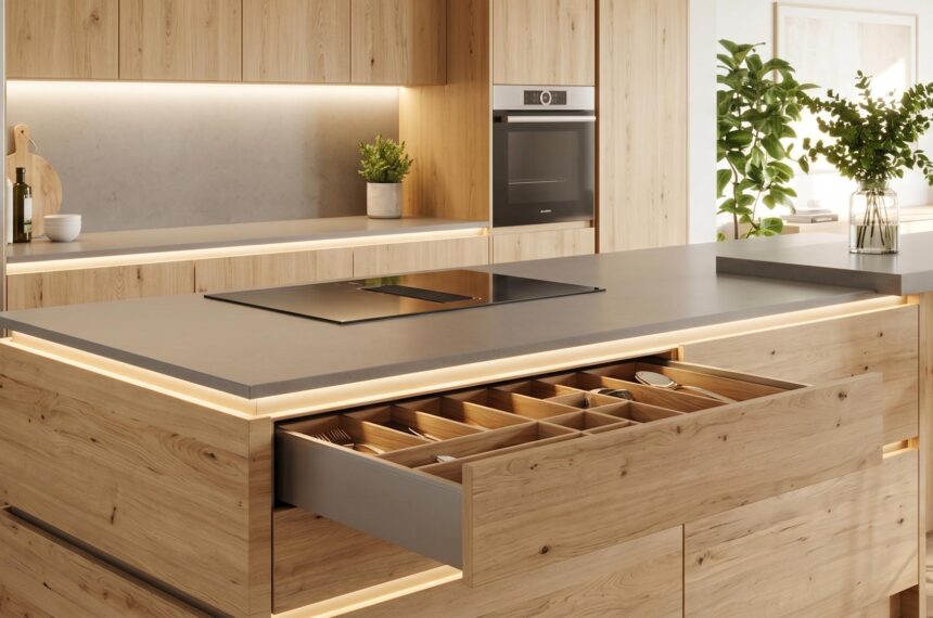 Amenagement cuisine moderne ouvert sur salon avec bar design