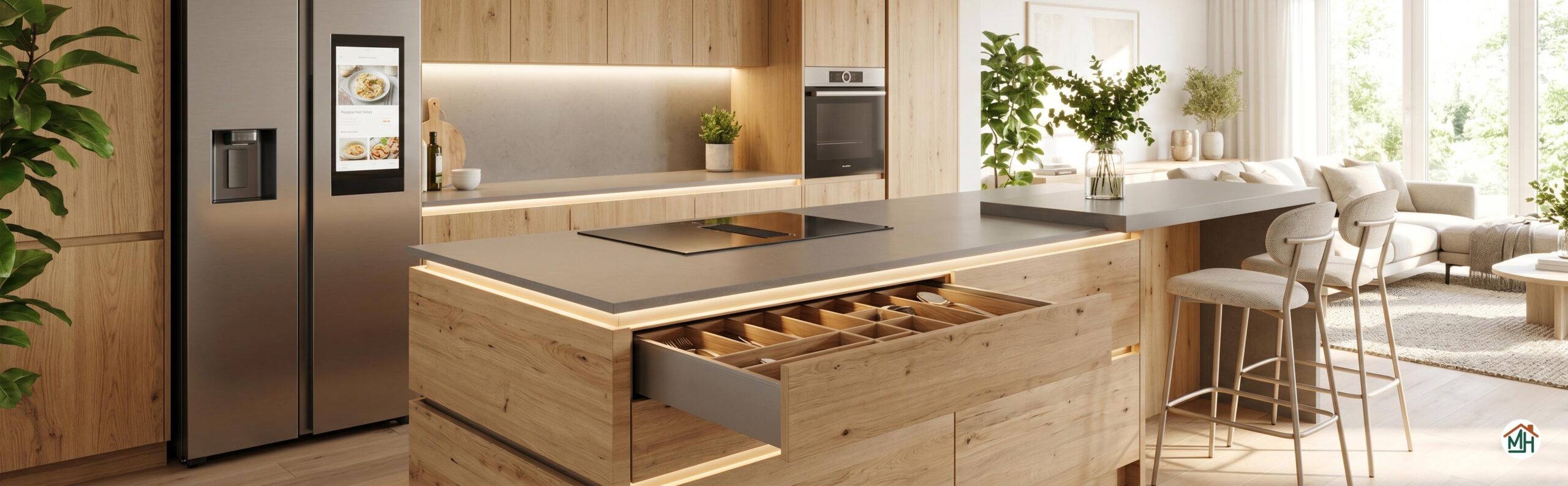 Amenagement cuisine moderne ouvert sur salon avec bar design