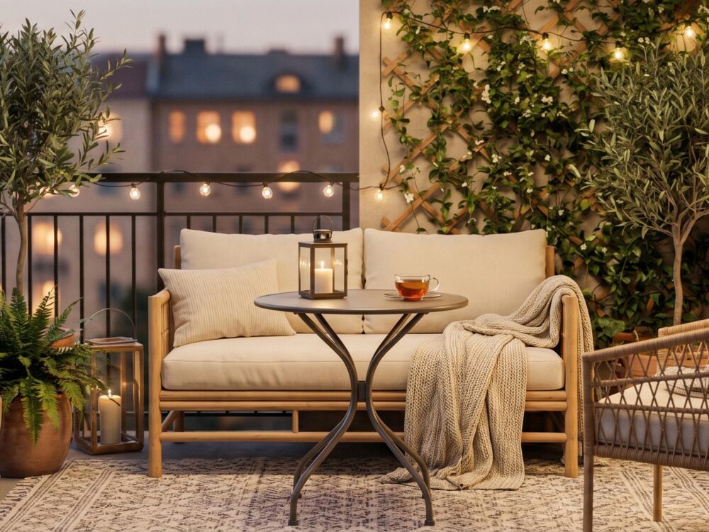 Aménagement d'un petit balcon optimisé avec mobilier compact, plantes vertes et décoration pour un espace extérieur cosy et fonctionnel