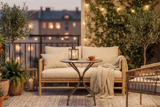 Aménagement d'un petit balcon optimisé avec mobilier compact, plantes vertes et décoration pour un espace extérieur cosy et fonctionnel