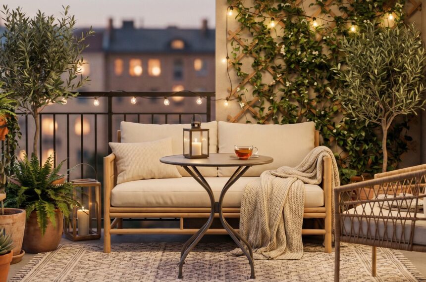 Aménagement d'un petit balcon optimisé avec mobilier compact, plantes vertes et décoration pour un espace extérieur cosy et fonctionnel