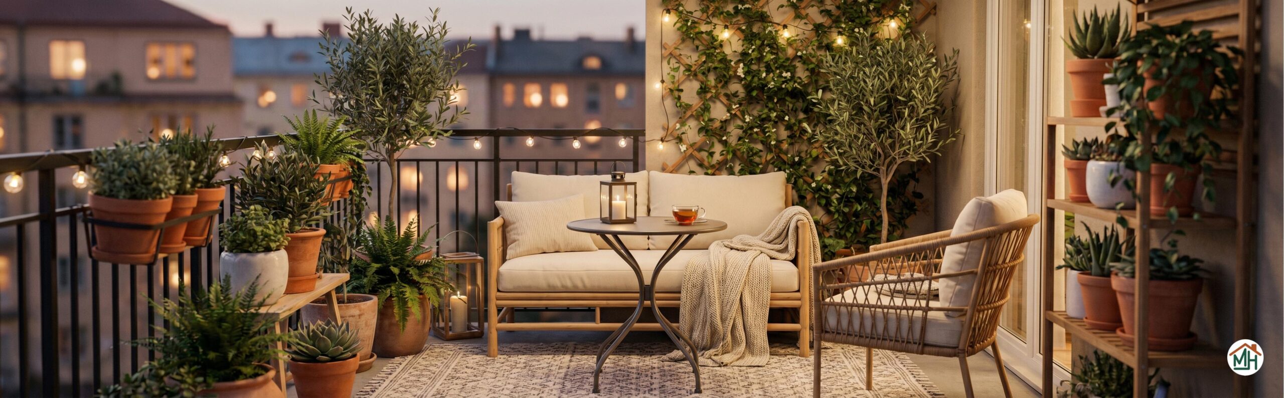 Aménagement d'un petit balcon optimisé avec mobilier compact, plantes vertes et décoration pour un espace extérieur cosy et fonctionnel
