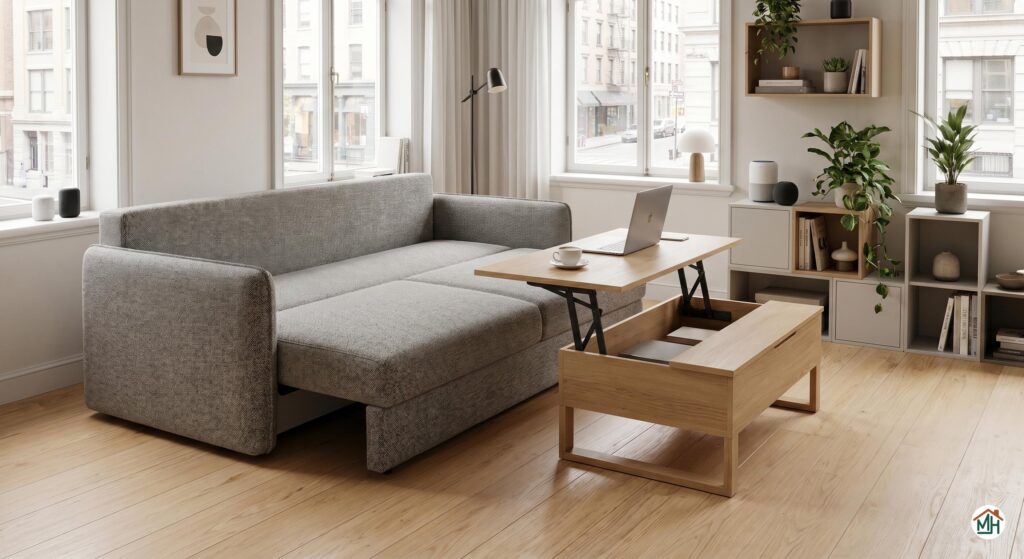Canapé convertible gris et table basse relevable pour optimiser un petit salon
