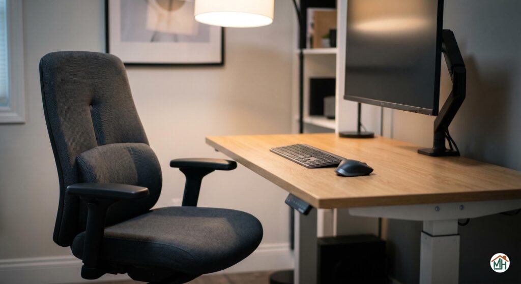 Gros plan sur une chaise de bureau ergonomique et un bureau réglable pour un travail confortable à domicile