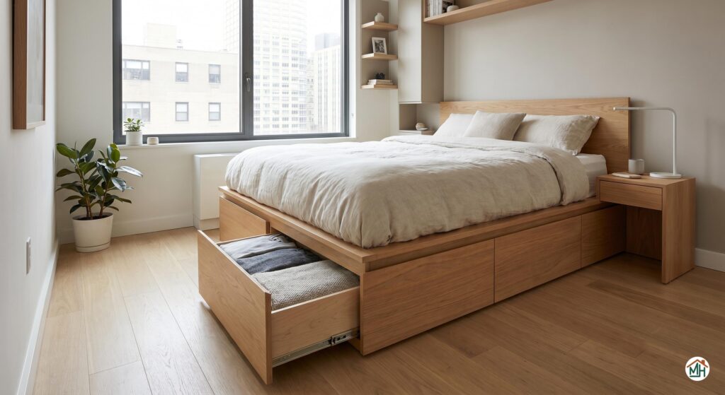 Chambre avec lit double intégrant des tiroirs de rangement sous le sommier pour un petit appartement