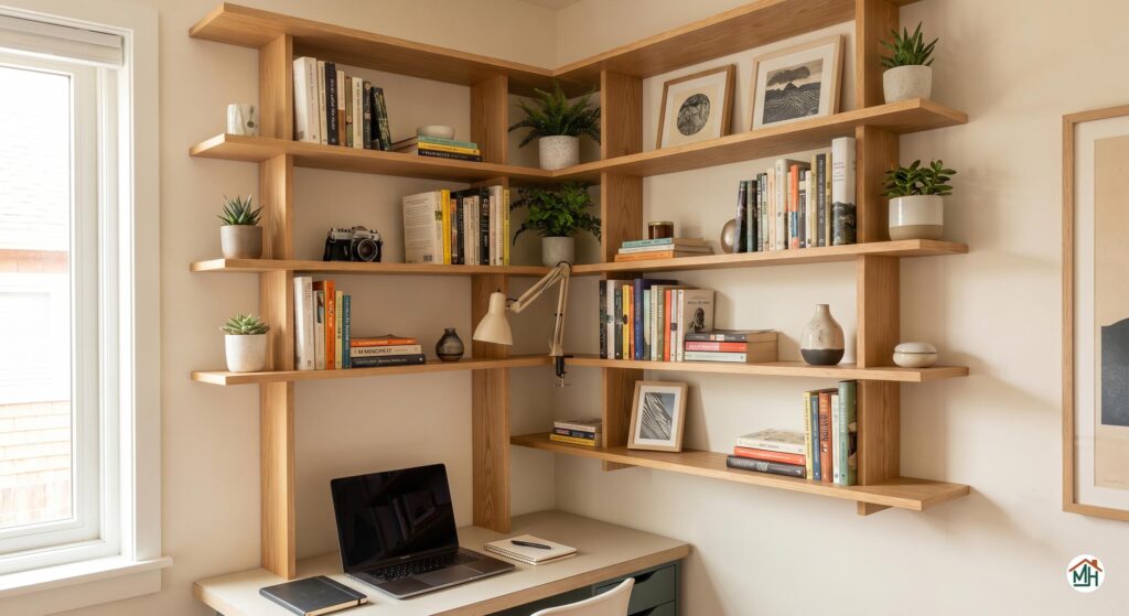 Étagère murale d'angle pour livres et objets décoratifs dans un petit bureau à domicile