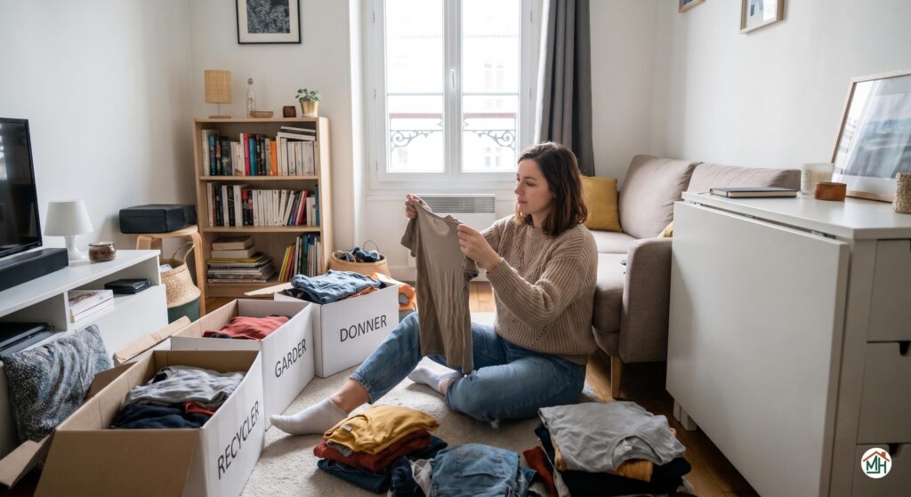 Femme organisant ses affaires pour désencombrer un petit espace de vie