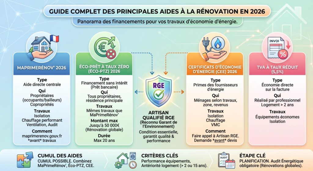 Infographie des principales aides à la rénovation en 2026