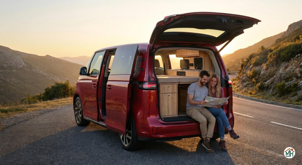 Couple profitant du coucher de soleil assis à l'arrière d'un van aménagé Volkswagen ID Buzz