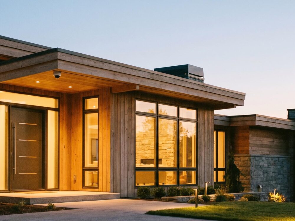 Maison moderne sécurisée par un système connecté, lumière douce au crépuscule