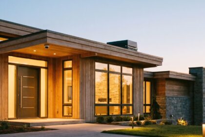 Maison moderne sécurisée par un système connecté, lumière douce au crépuscule
