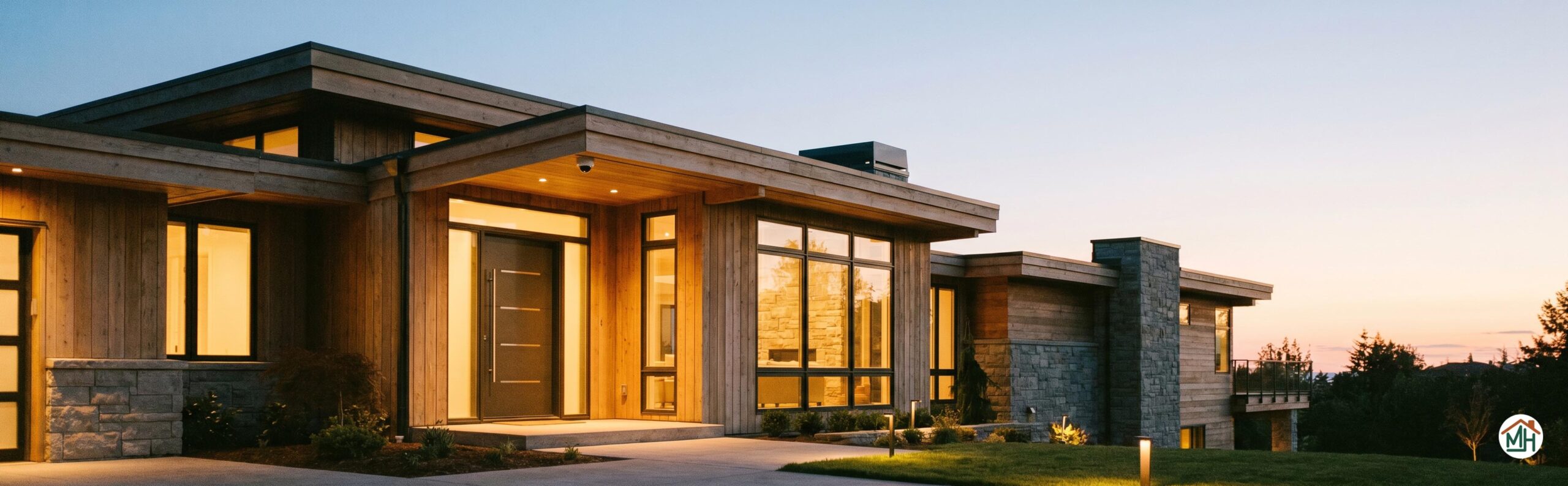 Maison moderne sécurisée par un système connecté, lumière douce au crépuscule