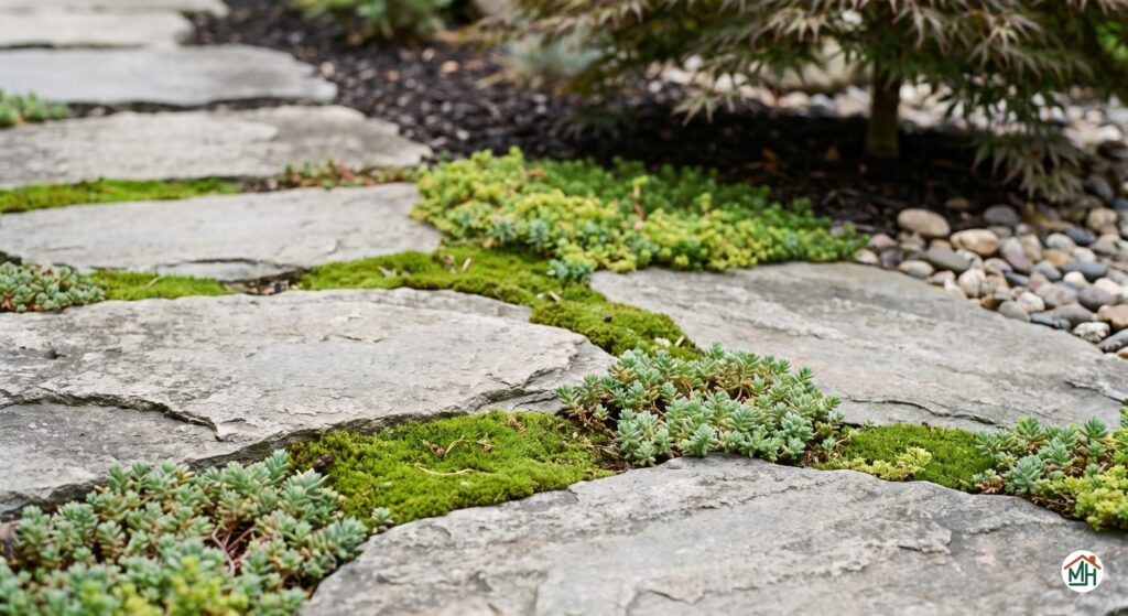 Dalles de pierre naturelle pour allée de jardin design, pas japonais, avec végétation basse et épurée, pour une ambiance zen et moderne