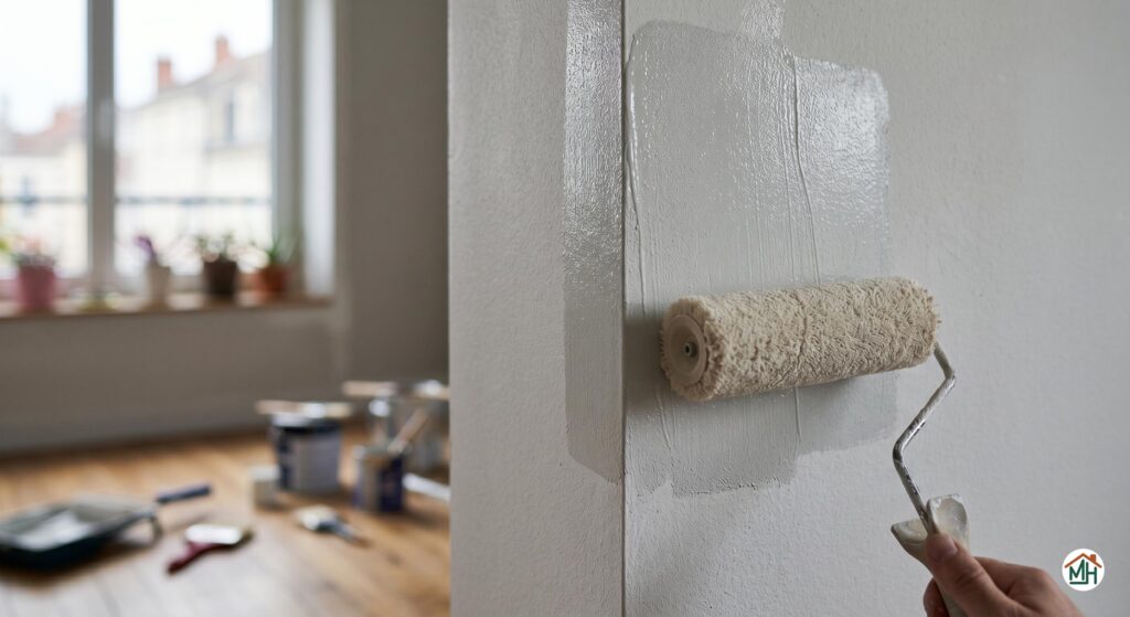 Gros plan technique sur l'application de peinture au rouleau sur un mur pour éviter les traces