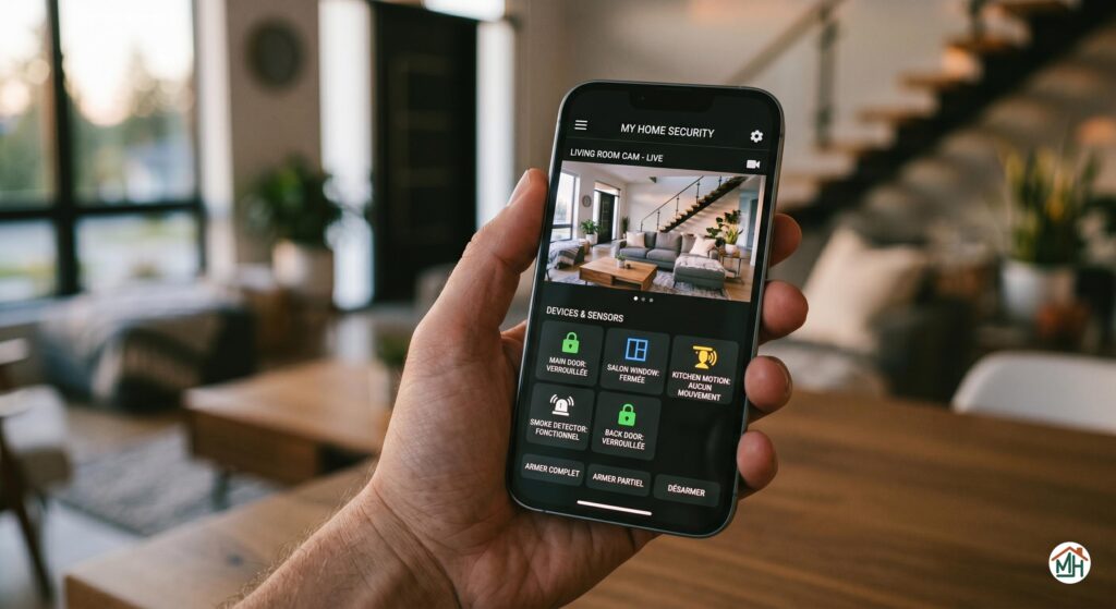 Gros plan sur une main tenant un smartphone affichant une application de surveillance domotique