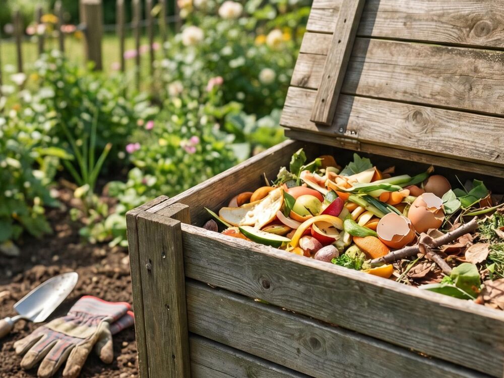 bac à compost en bois dans un jardin ensoleillé