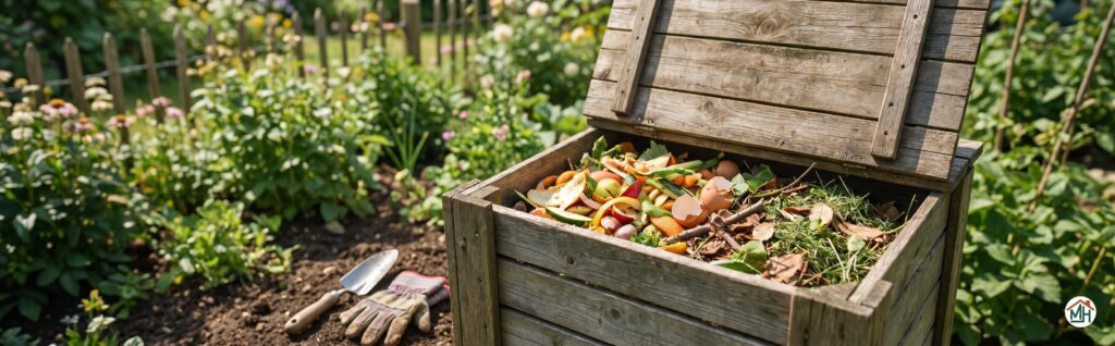 bac à compost en bois dans un jardin ensoleillé