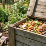 bac à compost en bois dans un jardin ensoleillé