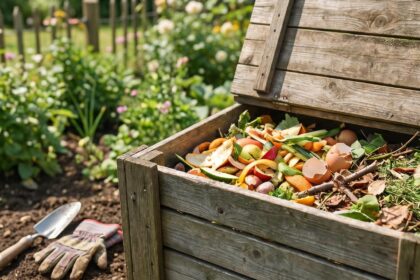 bac à compost en bois dans un jardin ensoleillé