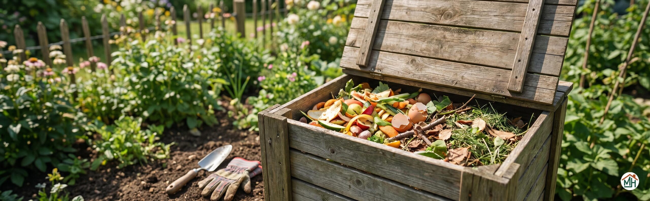 bac à compost en bois dans un jardin ensoleillé