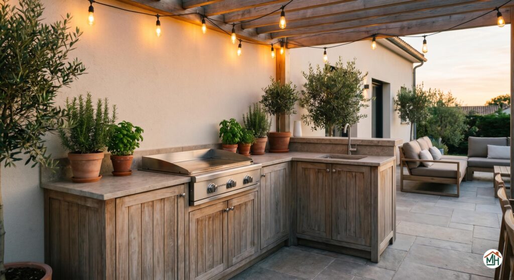 Cuisine extérieure moderne et fonctionnelle sur une terrasse en bois, avec plancha intégrée, évier et rangements, idéal pour l'aménagement estival