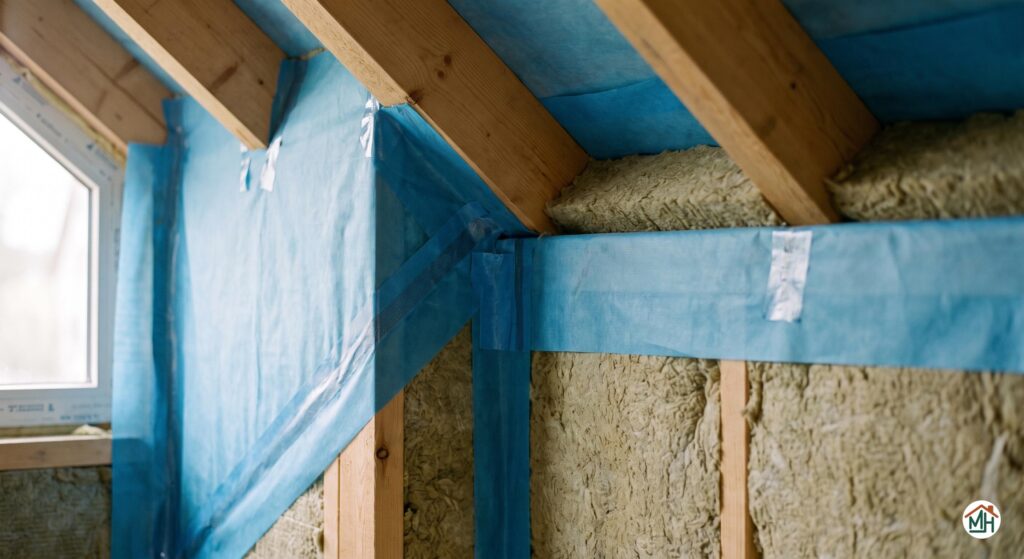 Détail d'un angle de comble parfaitement isolé avec membrane pare-vapeur et finition soignée