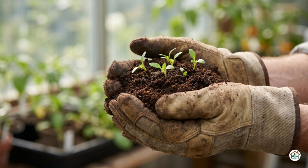 Mains gantées tenant du compost mûr et fertile avec de jeunes pousses vertes