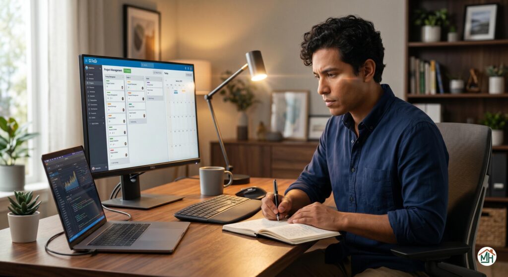 Personne concentrée travaillant efficacement dans un espace de télétravail bien rangé et inspirant