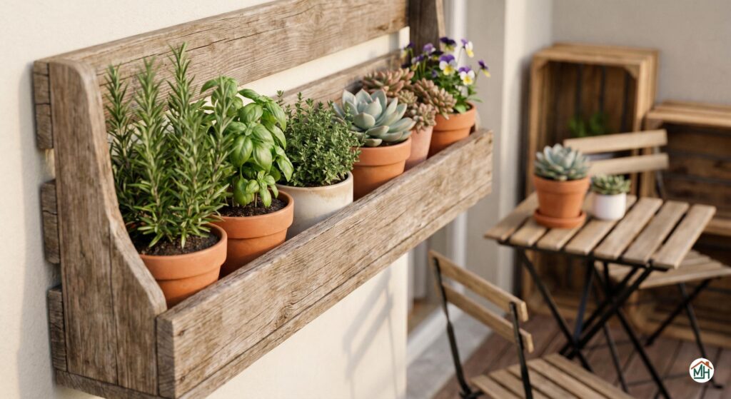 Plantes faciles d'entretien pour balcon : jardinières murales, herbes aromatiques et petites fleurs pour un espace vert optimisé.