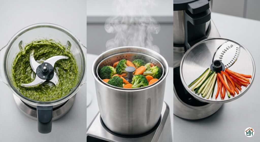 Fonctionnalités détaillées des robots cuiseurs multifonctions : découpe, mixage, cuisson vapeur