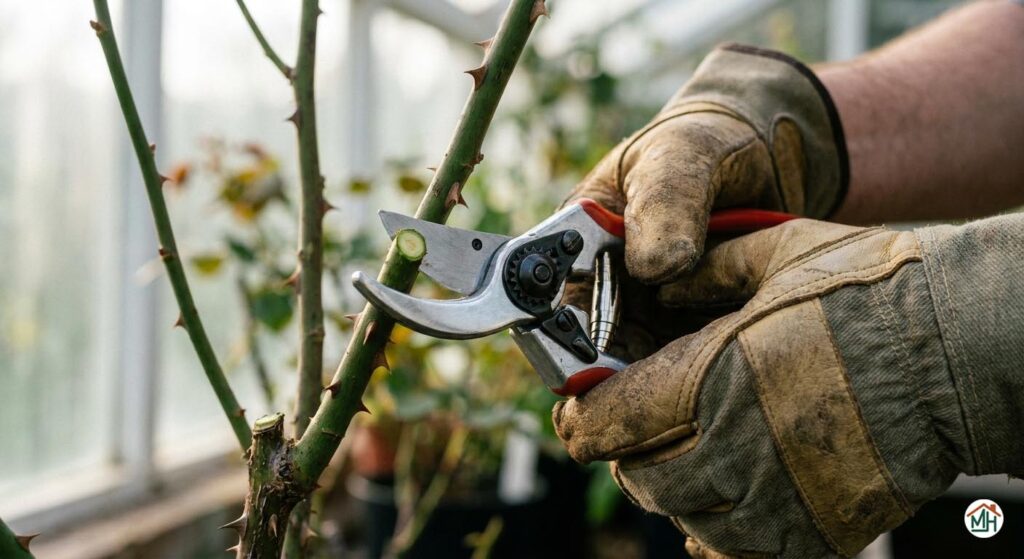 Mains d'un jardinier utilisant un sécateur de précision pour tailler une branche de rosier