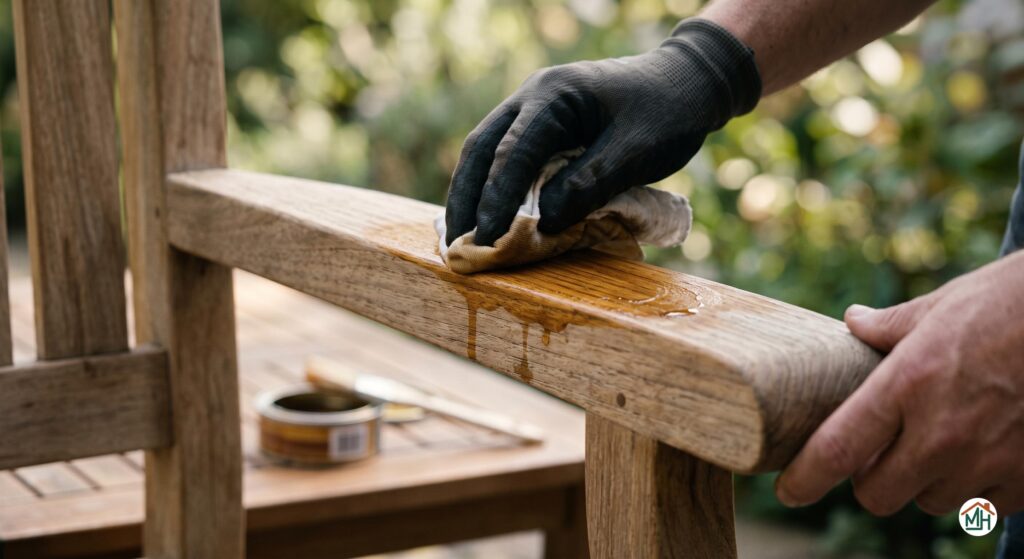 Application d'huile protectrice sur un fauteuil de jardin en teck pour préserver le bois et assurer la longévité du salon de jardin.