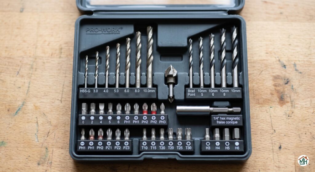 Assortiment d'accessoires et forets pour perceuse-visseuse sur un établi propre