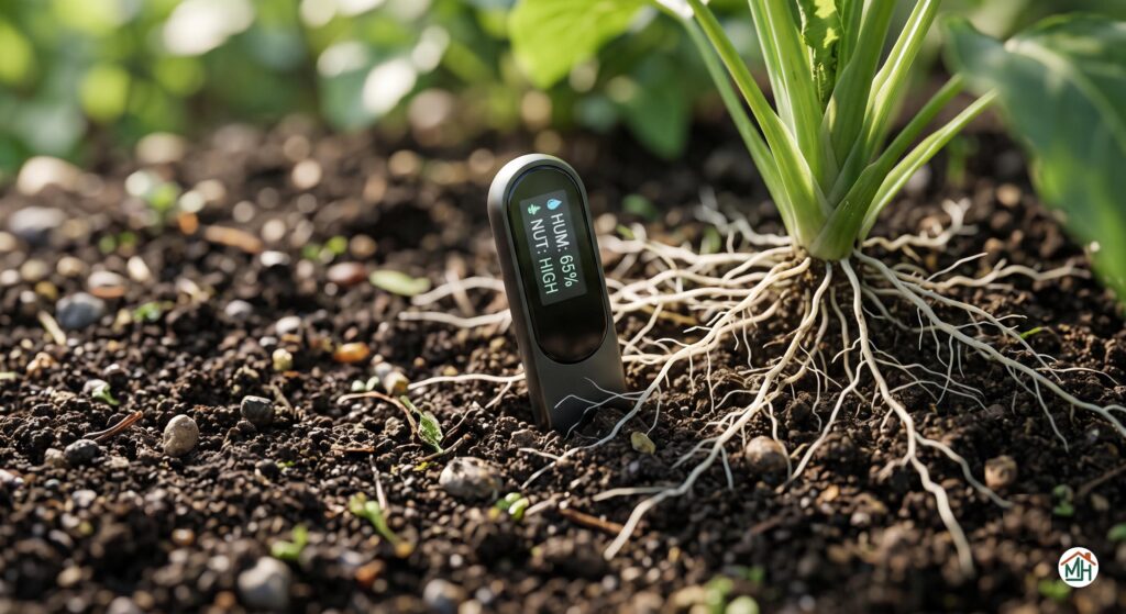Capteur de sol connecté mesurant l'humidité et les nutriments pour optimiser la croissance des plantes
