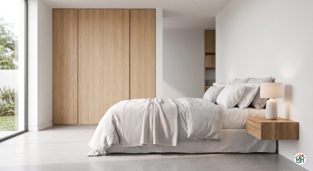 Chambre minimaliste avec dressing intégré et literie aux tons neutres