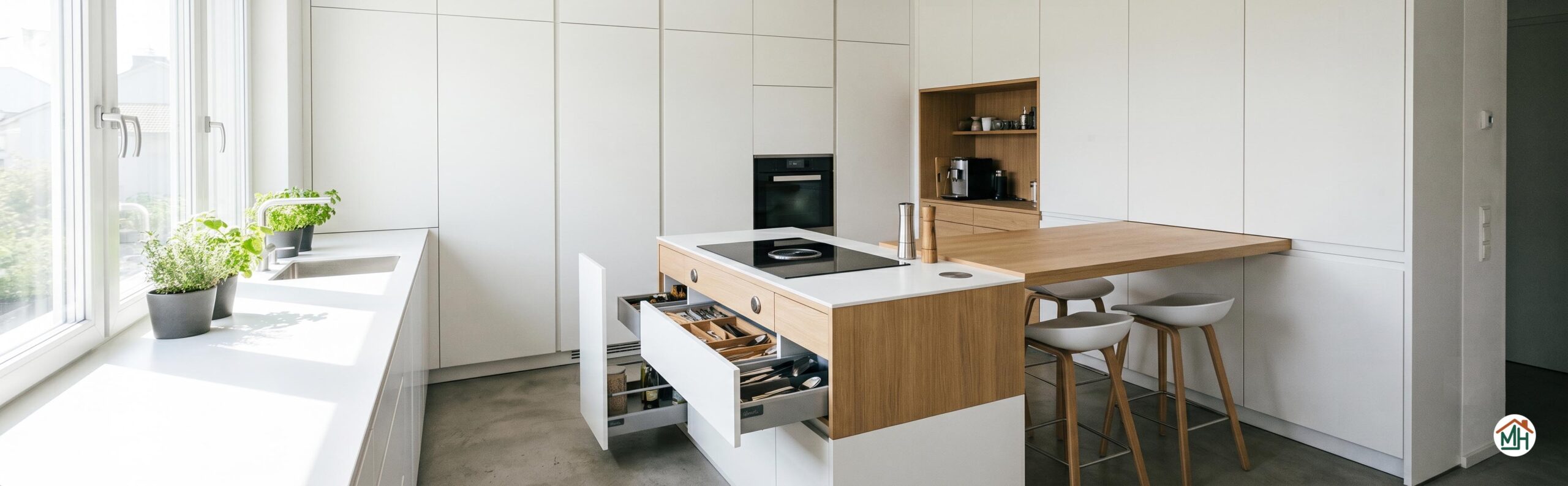 Cuisine compacte moderne aménagée avec îlot central multifonction