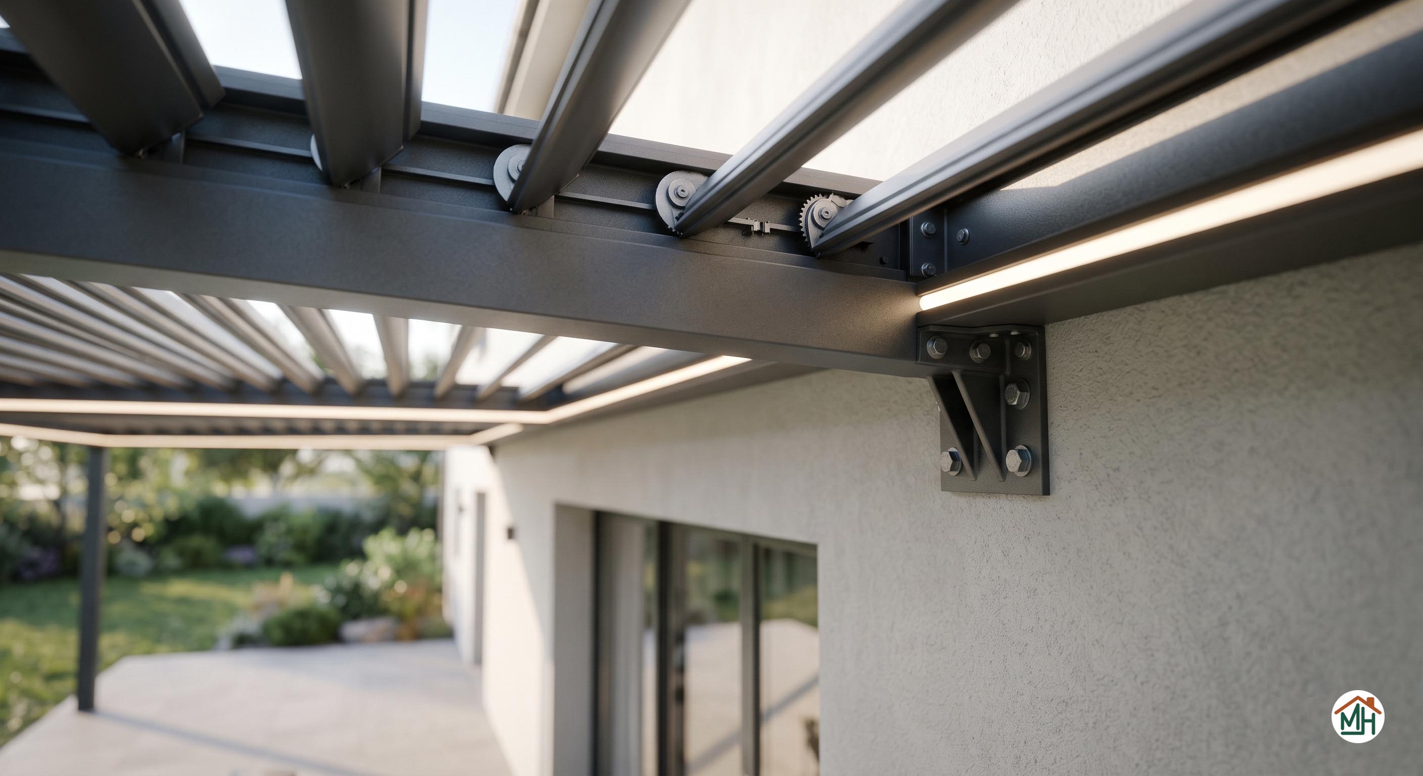 Détail de la fixation d'une pergola adossée à une façade de maison, avec lames orientables et éclairage intégré.