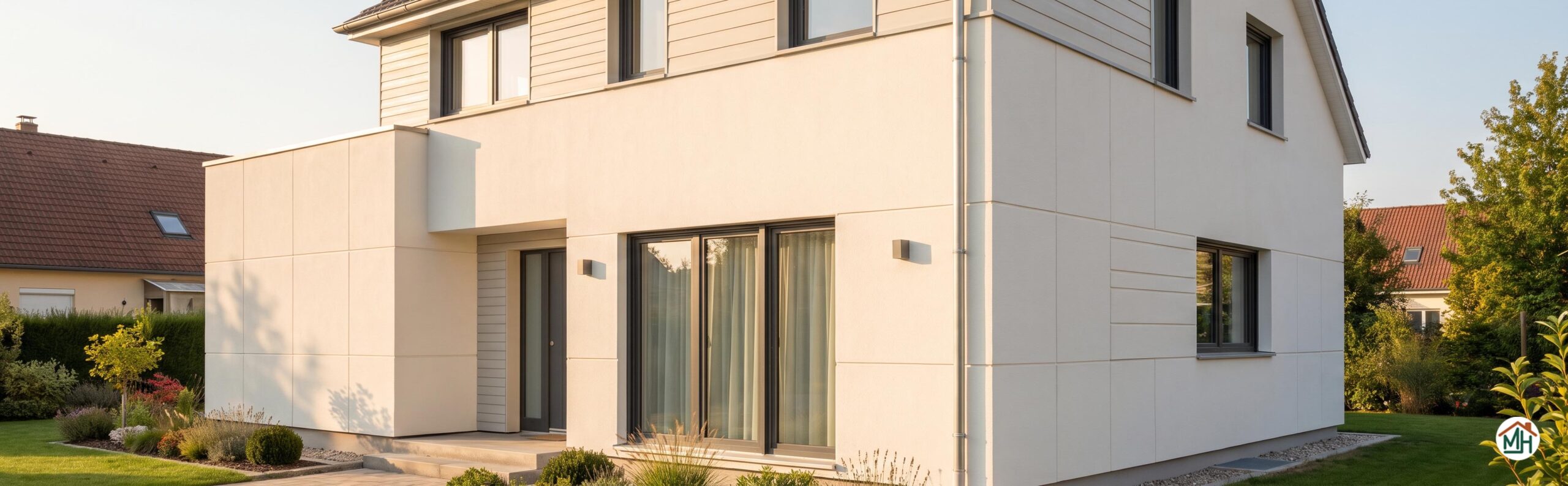 Façade de maison rénovée avec une nouvelle isolation par l'extérieur ITE