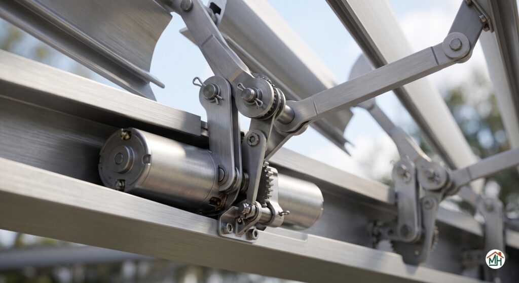 Détail du système d'orientation des lames d'une pergola bioclimatique, avec motorisation discrète intégrée