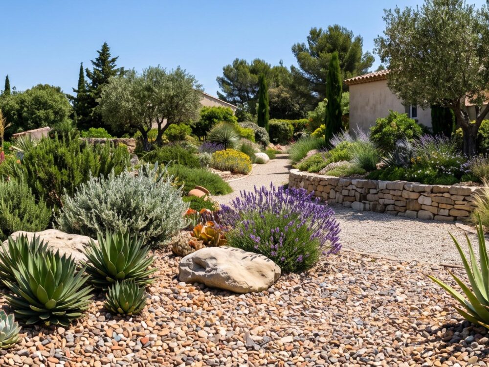 Jardin sec méditerranéen avec plantes succulentes et graviers colorés