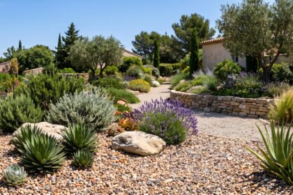 Jardin sec méditerranéen avec plantes succulentes et graviers colorés