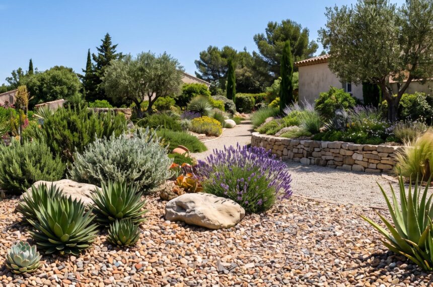 Jardin sec méditerranéen avec plantes succulentes et graviers colorés