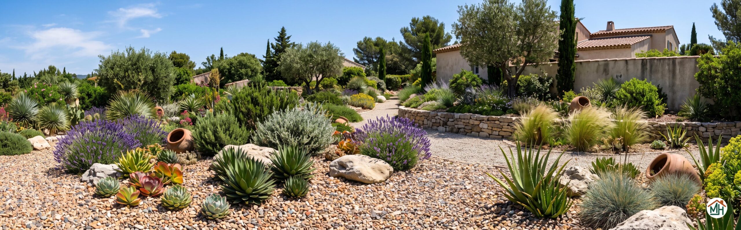 Jardin sec méditerranéen avec plantes succulentes et graviers colorés