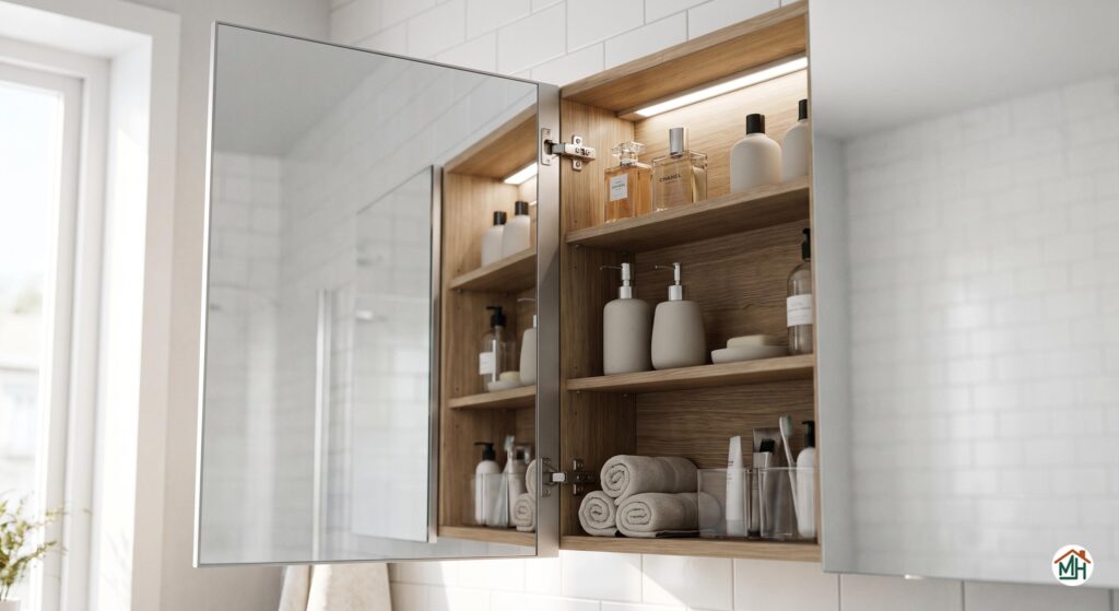 Miroir-armoire ouvert avec rangement astucieux pour optimiser l'espace