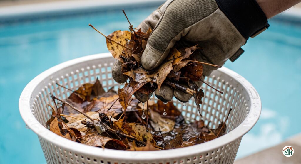 Nettoyer le skimmer de piscine, retirer les feuilles et débris pour une eau propre