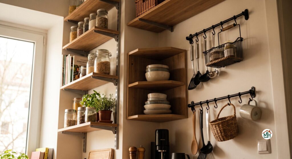 Rangements verticaux astucieux dans une petite cuisine avec étagères modulables et crochets