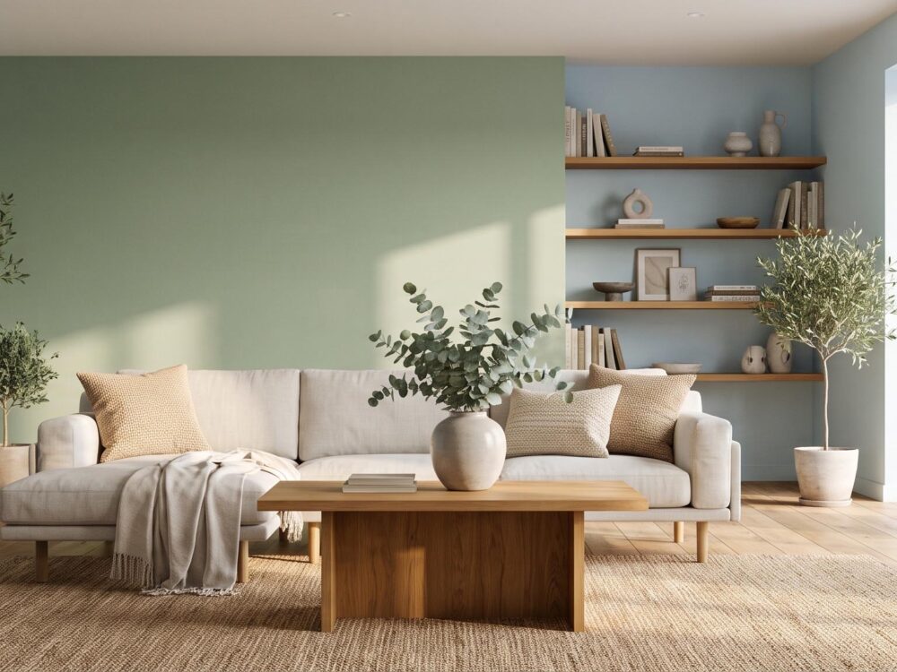 Salon moderne aux murs peints en couleurs tendance été