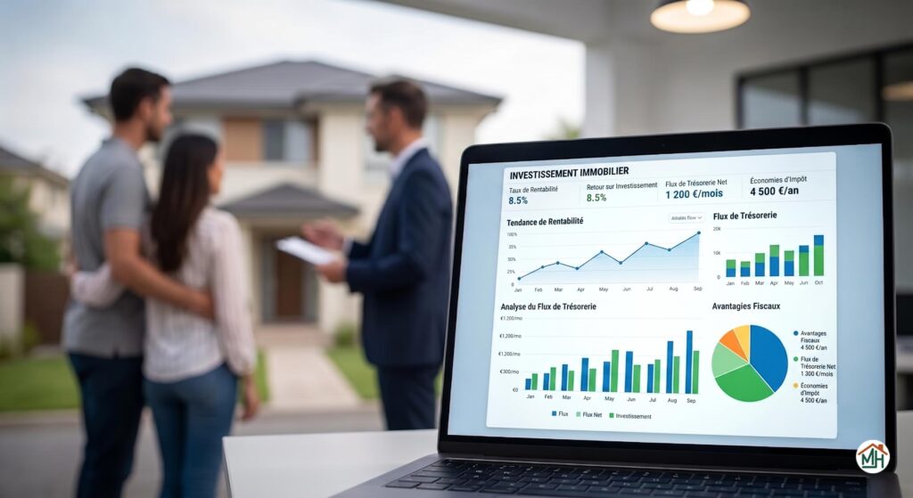 Tableau de bord financier pour l'investissement immobilier, affichant la rentabilité et les données clés