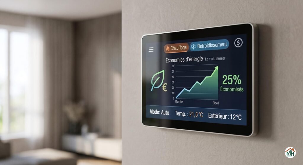 Thermostat intelligent affichant les économies d'énergie d'une climatisation réversible pour un budget maîtrisé.